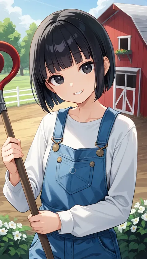 1girl, solo, straight hair, short hair, blunt bangs, black hair, score_9, black eyes, white shirt, long sleeves, blue overalls, holding item, pitchfork, outdoors, barn, upper body, looking at viewer, smile