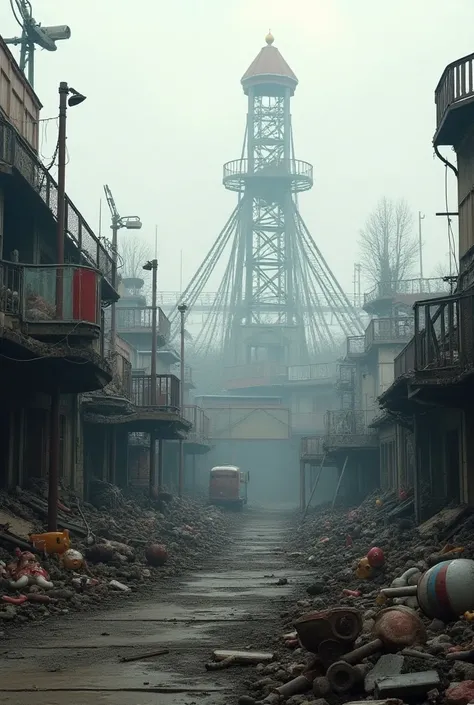 amusement park、City of War、市街戦が行われたamusement park、gray image 、 depicting the foolishness of war 、High-definition real photo、Real photo 16K quality