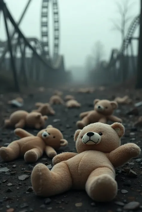 amusement park、City of War、市街戦が行われたamusement park、ぬいぐるみが転がっている、 Ferris wheel and roller coaster rails are blurry in the background with stuffed animals rolling、gray image 、 depicting the foolishness of war 、High-definition real photo、Real photo 16K quality