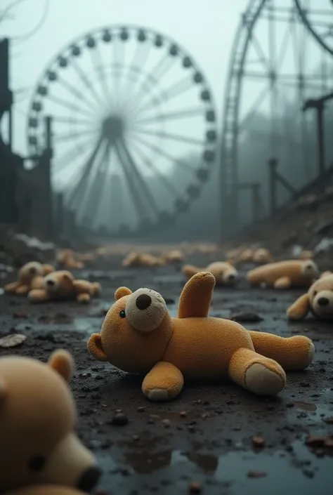 amusement park、City of War、市街戦が行われたamusement park、ぬいぐるみが転がっている、 Ferris wheel and roller coaster rails are blurry in the background with stuffed animals rolling、gray image 、 depicting the foolishness of war 、High-definition real photo、Real photo 16K quality