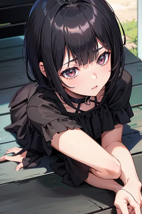 gothic with short black hair and bangs, of mine skirt and choker, On all fours on a bench showing their ass to everyone