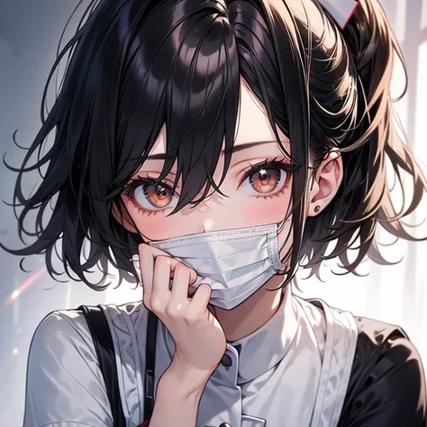 detailed eyes, 1 girl, 28yo, sexy, glamorous, short hair, floating hair, black hair, hair between eyes, brown eyes, oval eyes, hospital, (nurse uniform), chignon, hair, thinking, covering face, puff out cheeks