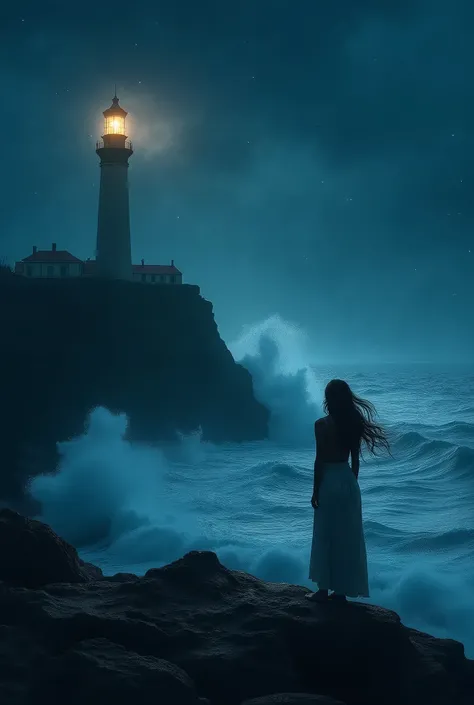 On the Rock Where the Waves Rage There Stands One Beautiful Girl at the Lighthouse Her Hair is Waving in the Wind, Night, stars in the sky, The Lighthouse Shines a Bright Light into the Far Sea, Sea waves crash against the Rocks, masterpiece, of the highes...