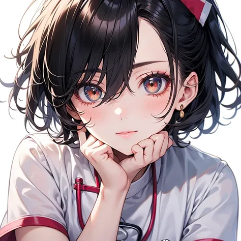 detailed eyes, 1 girl, 28yo, sexy, glamorous, short hair, floating hair, black hair, hair between eyes, brown eyes, oval eyes, hospital, (nurse uniform), chignon, hair, thinking, puff out cheeks, Rest hand on cheek