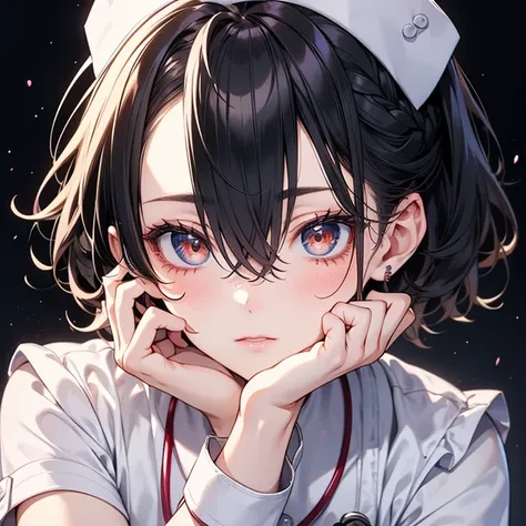 detailed eyes, 1 girl, 28yo, sexy, glamorous, short hair, floating hair, black hair, hair between eyes, brown eyes, oval eyes, hospital, (nurse uniform), chignon, hair, thinking, puff out cheeks, Rest hand on cheek