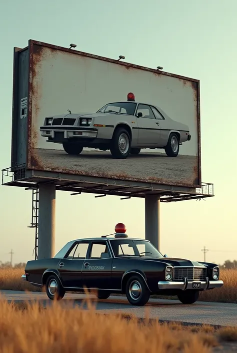 outdoor advertisement for modern electric cybertruck car  , roadside,  metal structure with weathered advertisement for electric car cybertruck, daytime lighting,  a studebaker police car standing underneath , old car, Black and White Colors,  round siren ...