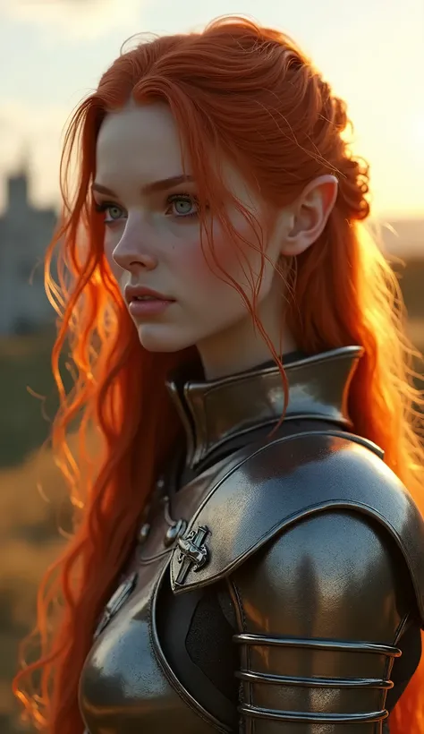 (masterpiece), (extremely intricate:1.3), (realistic), portrait of a red headed elf girl, the most beautiful in the world, (medieval armor), metal reflections, upper body, outdoors, intense sunlight, far away castle, professional photograph of a stunning w...