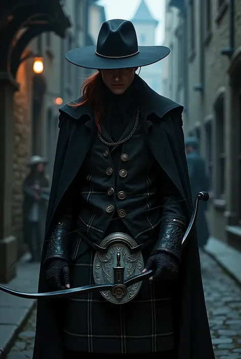 We are in a darkened alley in a midieval city at night. A 30 year old elven man is hiding in the shadows waiting for his next victim. He is wearing black, formal clothing trimmed with silver brocade and a broad brimmed hat with a low crown that conceals hi...