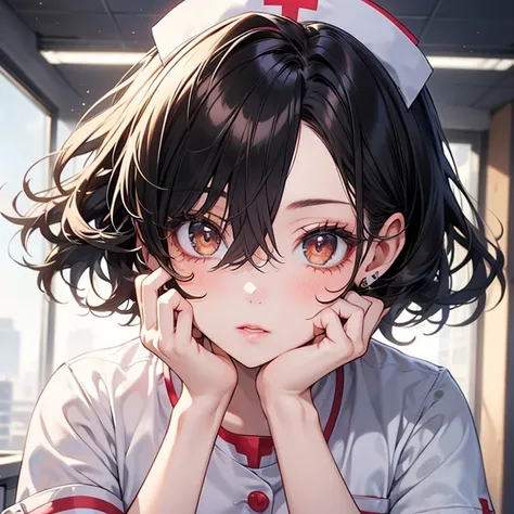 detailed eyes, 1 girl, 28yo, sexy, glamorous, short hair, floating hair, black hair, hair between eyes, brown eyes, oval eyes, hospital, (nurse uniform), chignon, hair, thinking, puff out cheeks, Rest hand on cheek, Make a face, Purse lips