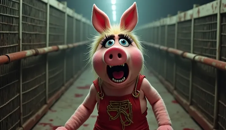 Miss Piggy looking outrage in a pig slaughter house 