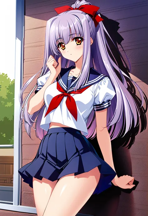 suzuna kuraki, 1 girl ,alone,、(sailor suit、navy skirt)、thighs、long hair, ponytail,red ribbon,(purple hair),,orange eyes,classroo...