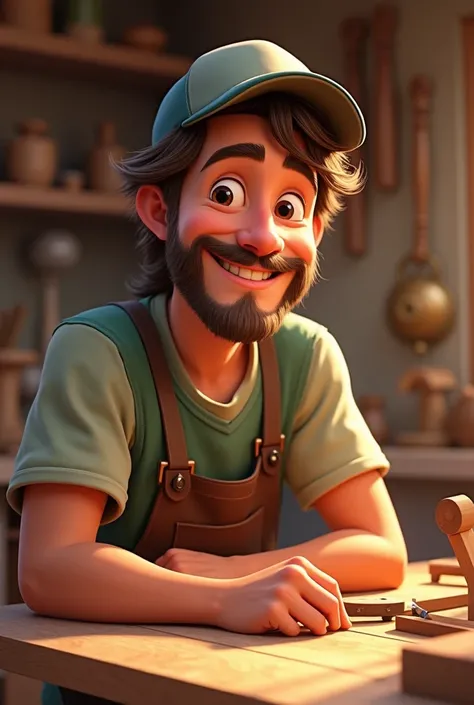 Disney Pixar-style image of a 35-year-old man, with smile, with short beard,  medium hair wearing a cap on a cabinetmakers bench.