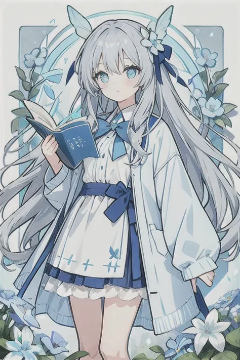 Gray hair、Very long hair, light blue left eye、The right eye has gray eyes, flower-shaped pupils, loose blouse, light blue cardigan, light blue skirt, gray ribbon on the collar, girl, cute, quiet, light blue flower field, holding light blue flowers, light b...