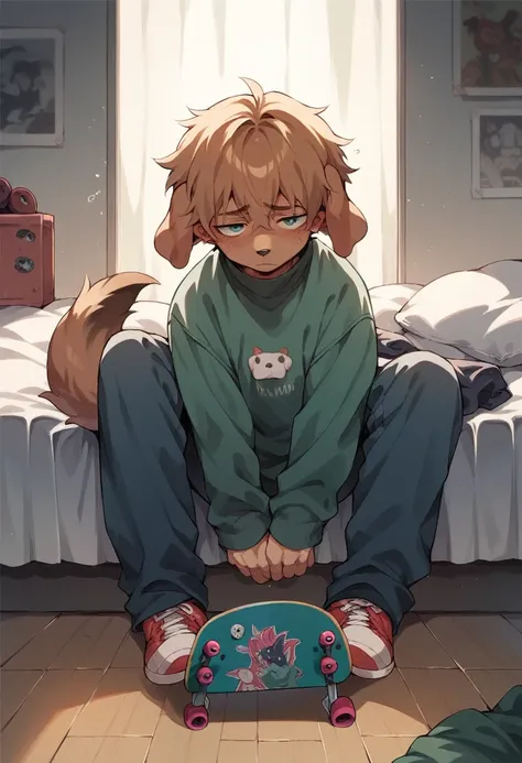 Anime boy with floppy dog ears, sweater, skateboard, dog tail, bedroom, 