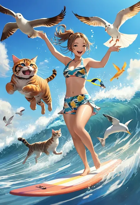  1 girl,  ponytail,  surfing in a bikini。
 brown tiger cat is also surfing 。 seagulls are flying in the sky 。
 fish are flying from the surface of the water 。Cheerful and fun images
wide angle shot, 