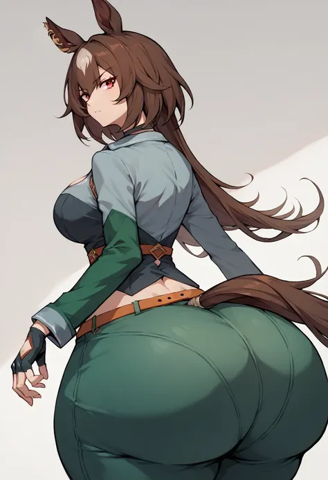 Highest quality, High Resolution, 1 girl, soro, ass, ass focus, sirius symboli, horse tail, streaked hair, brown hair, white hair, animal ears, ear ornament, red eyes, green jacket, open jacket, long sleeves, grey shirt, collared shirt, midriff peek, black...