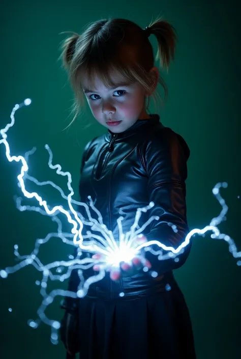 A lovely, attractive young girl, wearing a Frankenstein monster costume, casting a electrical lighting bolt from hands, super photographic detail, wearing a cyber punk armored design,