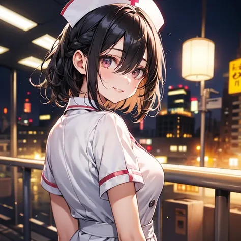 detailed eyes, 1 girl, 28yo, sexy, glamorous, short hair, floating hair, black hair, hair between eyes, brown eyes, oval eyes, hospital, (nurse uniform), chignon, hair, smile, looking back