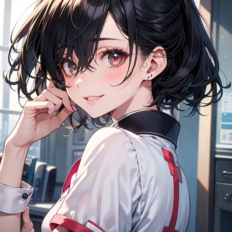 detailed eyes, 1 girl, 28yo, sexy, glamorous, short hair, floating hair, black hair, hair between eyes, brown eyes, oval eyes, hospital, (nurse uniform), chignon, hair, smile, looking back