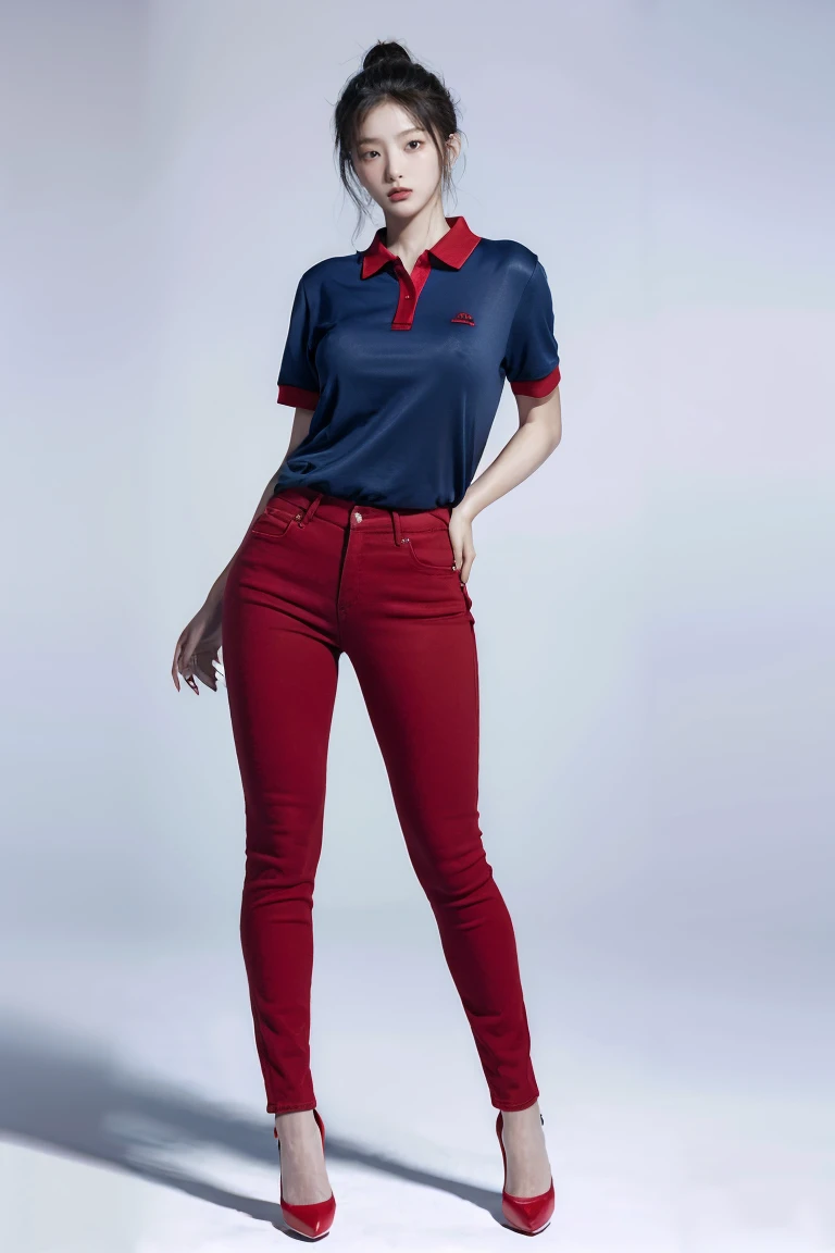 Hot Korean woman wearing red tennis polo, blue skinny tight jeans, and red high heels. Full body from head to toe. Standing in a full height from head to toe. 8k HD resolution best quality. Studio Background 