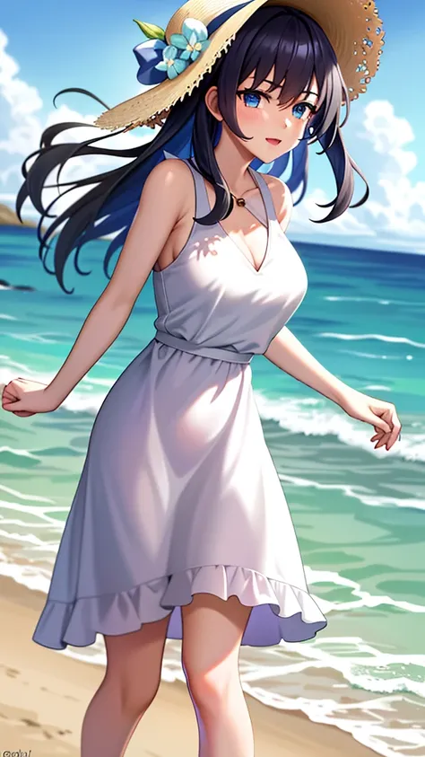 outfit: floral dress, white low heels, straw hat. location: seaside promenade. posing: one hand raised, hair blowing in the wind...