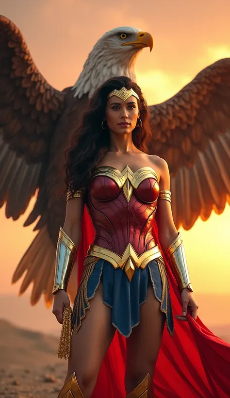  Wonder Woman Style Heroine with an Eagle 
"an imposing heroine,  with gold and red armor that shines in the sun ,  is standing with a shiny golden ribbon in her right hand . From the , a giant eagle, with wings fully open, displaying a majestic wingspan ....