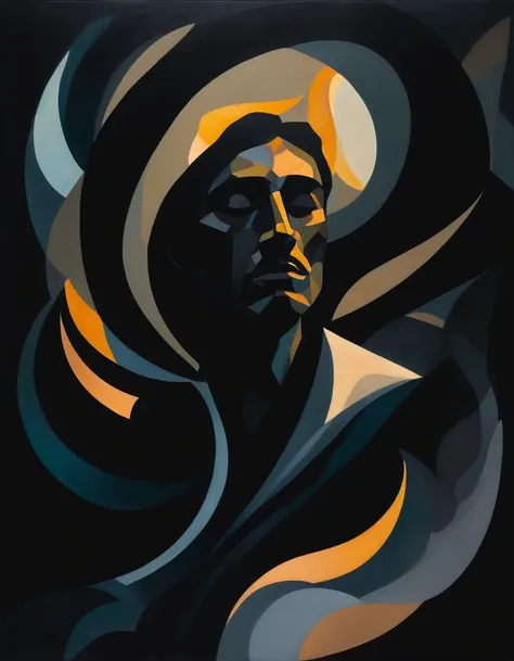 A dark-toned figurative painting of a male figure, blending abstract and realism. The male figure is partially cloaked in shadows, with light softly illuminating parts of his form. Abstract shapes and patterns surround him, merging with his figure, symboli...