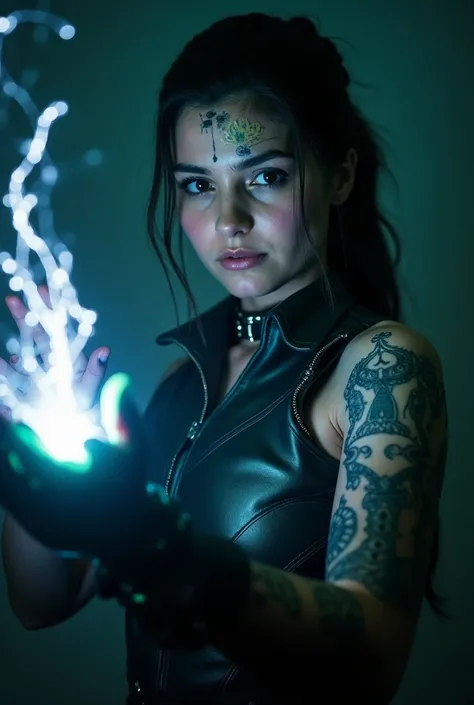 A lovely, attractive & charming girl, 30 yr old, wearing a Frankenstein monster costume, casting a electrical lighting bolt from hands, super photographic detail, wearing a cyber punk armored design,