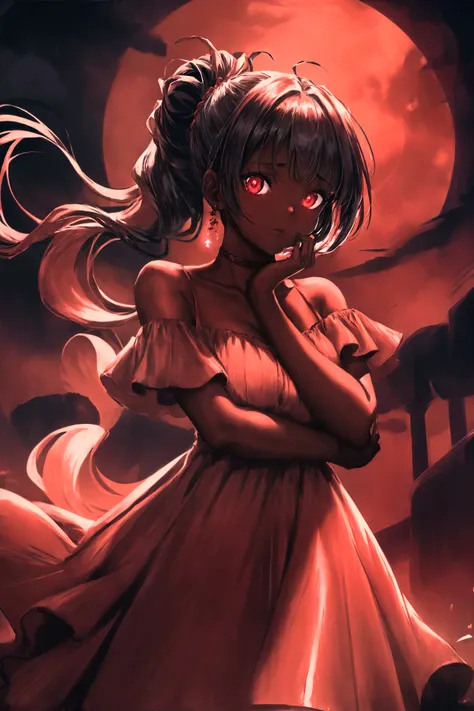 her hands on her neck, glowing red eyes, hair tied in a ponytail, off-shoulder red dress, ruffled straps, view from below, upskirt, red moon night, dark skin