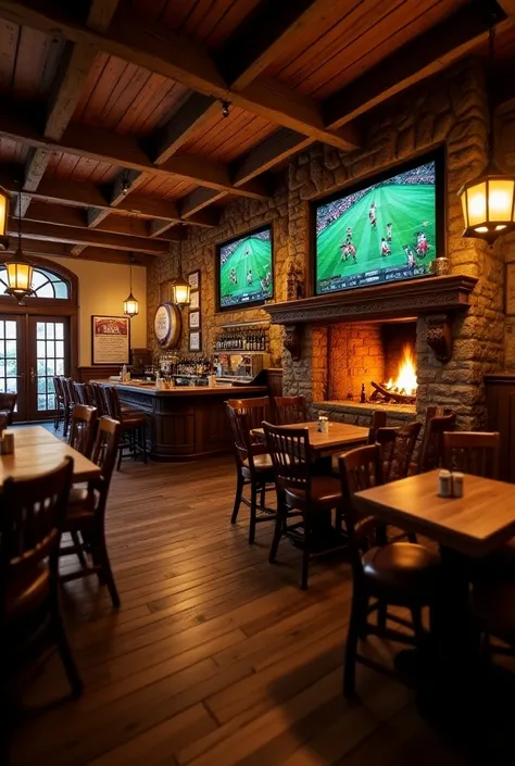 Beer &  Bites bar and restaurant specializing in German food,  with Viking style decoration ,  soccer screens with beer barrels , Football screens,  wood color in the shape of a cabin with a fireplace 