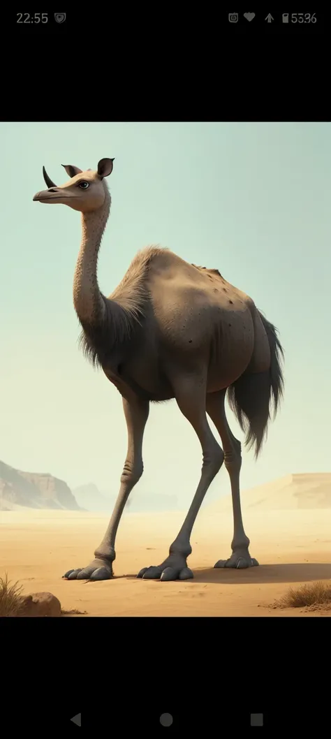 An animal with a rhinoceros body, , four ostrich legs and an ostrich neck 