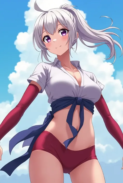 HD、Animation style、white hair 、Purple Eyes、girl、huge breasts 、High school student 、single ponytail、Baseball player、Light color short sleeve top、Long sleeve red underwear、Good shape、Thin、sash、Sky、cloud、sunny、plump breasts、Navel exposed、dazzler、Breasts expos...