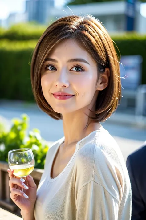 ((White Wine)),((Wine Glasses)),(Realistic, 超Realistic:1.4), 16K HDR,  high res,((White Wine)),((Wine Glasses)),Happy smile、short hair,The best smile、Japanese actress,so beautiful(It looks like the real thing),dress、Slim couple、Model Couple、(Realistic,    ...