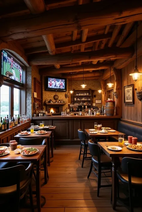 Beer &  Bites bar and restaurant specializing in German food,  with Viking style decoration ,  soccer screens with beer barrels , Football screens,  wood color in the shape of a cabin with a fireplace , with German food on the tables and with a target mark...