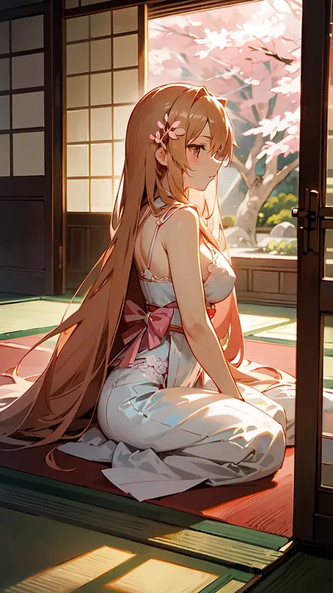 Asuna Yuki stands gracefully in a serene, traditional Japanese-style bedroom with modern touches. The room features sliding shoji doors, tatami mats, and soft moonlight filtering through, casting a gentle glow. Asuna wears a sexy white and pink lace linger...