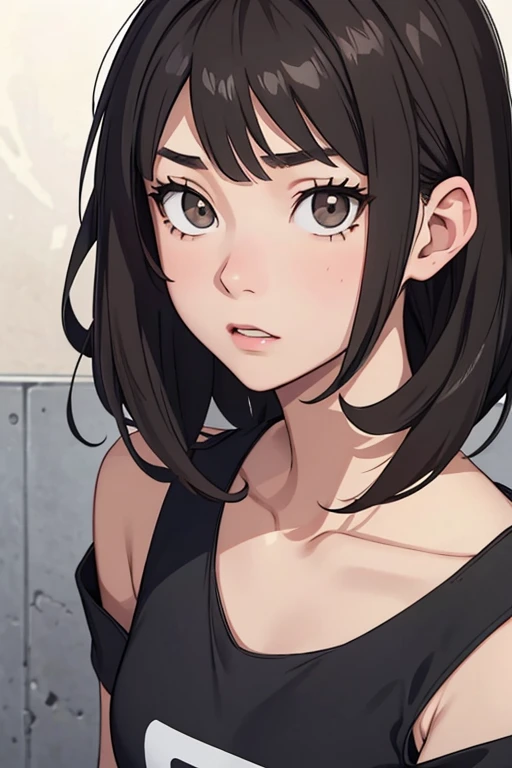 teenage girl in haikyuu,17 años , sister of the Miyas , grey eyes , short shoulder length dark brown hair, vestida con mom jean y un top negro, ojos vacíos, molesta