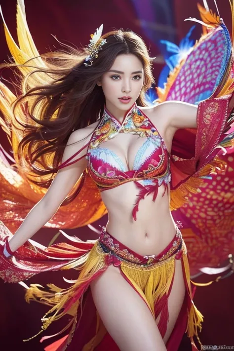 (Masterpiece、High quality)、High resolution details、Sharp focus、(Photoreal Stick:1.2)、1 girl、Cowboy Shoot、(  The feminine beauty and the beauty of the phoenix feather blend seamlessly.:1.1)、( as she dances through a kaleidoscope of bright colors and pattern...