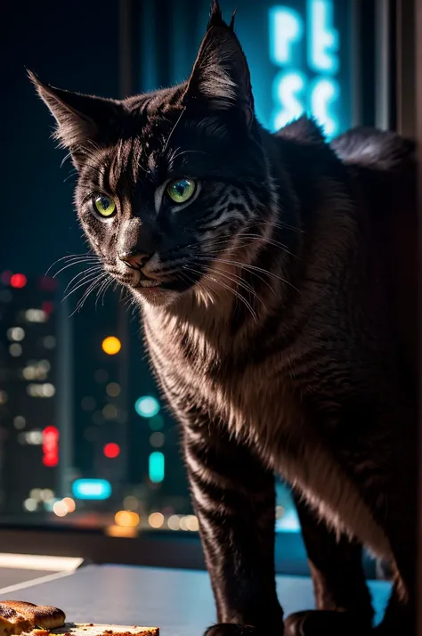 a close-up portrait of a big black cat, futuristic sci-fi environment, the lynx is eating a pizza and drinking coca-cola, cinematic composition, vibrant colors, hyper-detailed, photorealistic, 8k, masterpiece, detailed fur, intense eyes, sharp teeth, detai...