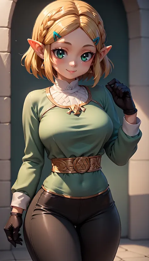 High resolution, Very detailed, perfect lighting, beautiful detailed eyes,   ((masterpiece,Best Quality)), absurdities, alone,     princess zelda, by the width, crown braid, Hair clip, pointy ears, Green shirt, long sleeves, Gloves without fingers, black g...