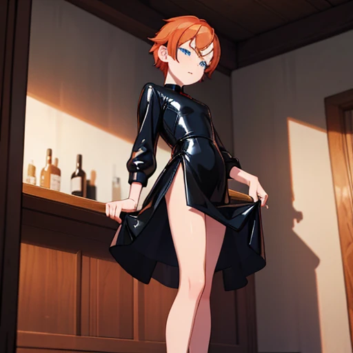 (masterpiece) ( high detail ) ( High definition ) short,  petite man - pale skinned with a small dick , with blue eyes, with short red hair,  stands in the corner of a bar in a tight black shiny latex dress, heels,  full height, jerks off her dick,