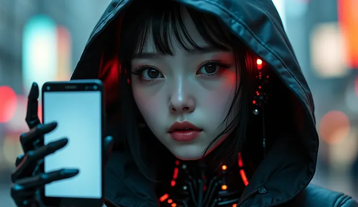 16:9 aspect ration, ((best quality)), ((masterpiece)), (detailed), ((Cyberpunk)), mid shot Humanistic cyborg faces the front, Cyborg girl holds a mobile phone to the camera, we see a full view of the mobile phone screen, mobile phone takes up full height o...