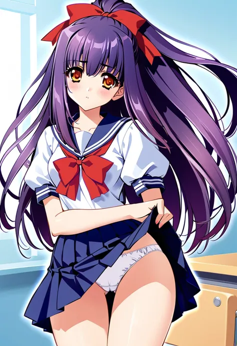 Suzuna Kuraki, 1 girl,Alone,、(Sailor suit、Navy Skirt)、Thighs、Long Hair, ponytail,Red ribbon,(Purple Hair),,Orange Eyes, Skirt Lift、Cute Panties、classroom、 cowboy shot、