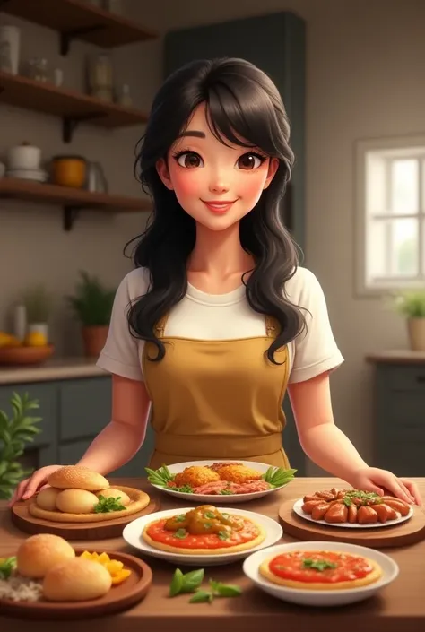 A black-haired girl showing delicious dishes she prepared 