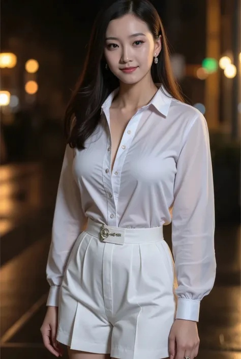 ((Realistic lighting, Best Quality, 8K, Masterpiece: 1.3)), Focus: 1.2, 1girl, Perfect Beauty: 1.4, Slim Abs: 1.1, (Big Breasts), (White Shirt: 1.4), (Outdoor, Night: 1.1), City Street, Supene Face, Fine Eyes, Double Eyelids, (Over the Knee Black Stockings...