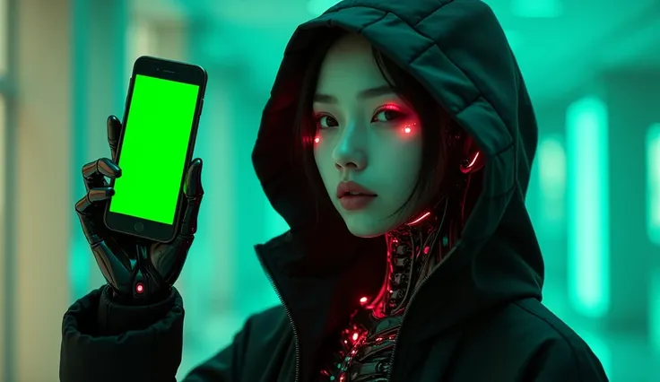 16:9 aspect ration, ((best quality)), ((masterpiece)), (detailed), ((Cyberpunk)), mid shot Humanistic cyborg faces the front, Cyborg girl holds a mobile phone to the camera, we see a full view of the mobile phone screen, mobile phone takes up full height o...