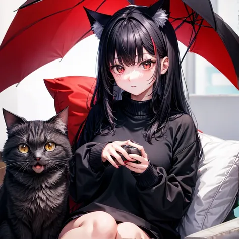 sweater clothes　　 black hair 　　　red eye　cat ears