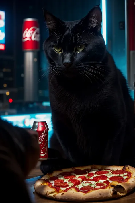 a big black cat with a pizza and Coca-Cola can, half body portrait, dystopic reality, Judge Dread movie, futuristic, cinematic, composition, vivid colors, intricate details, photorealistic, 8k, highly detailed, sharp focus, dramatic lighting, dark tones, m...