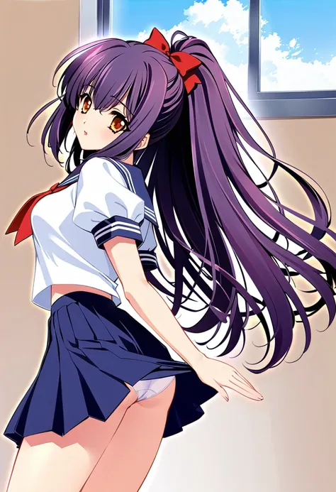 Suzuna Kuraki, 1 girl,Alone,、(Sailor suit、Navy Skirt)、Thighs、Long Hair, ponytail,Red ribbon,(Purple Hair),,Orange Eyes, Skirt Lift、Cute Panties、classroom、 cowboy shot、Backwards、look back