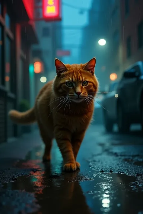 a hard boiled detective orange tabby cat, drugged catnip, cat-detective ran out catnip going crazy, highly detailed, hyper realistic, 8k, photorealistic, dramatic lighting, moody atmosphere, cinematic, noir style, dark gritty city setting, rain, neon light...