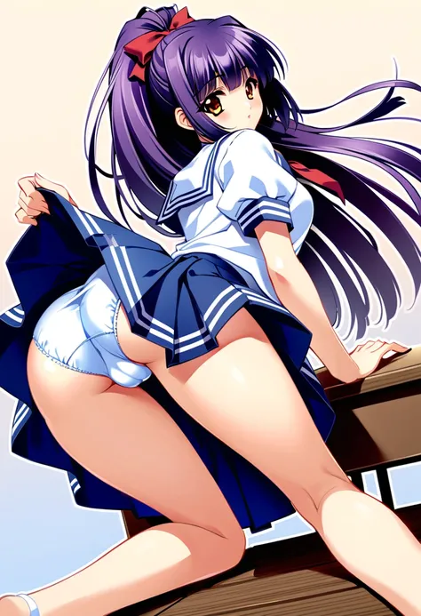 Suzuna Kuraki, 1 girl,Alone,、(Sailor suit、Navy Skirt)、Thighs、Long Hair, ponytail,Red ribbon,(Purple Hair),,Orange Eyes, Skirt Lift、Cute Panties、classroom、 cowboy shot、 on all fours, slightly from the side、Backwards、Put your hand in her panties,look back